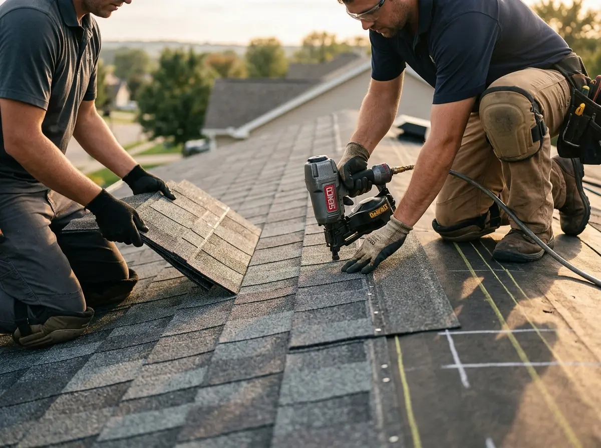 Professional roofer working on a residential roof in Lexington